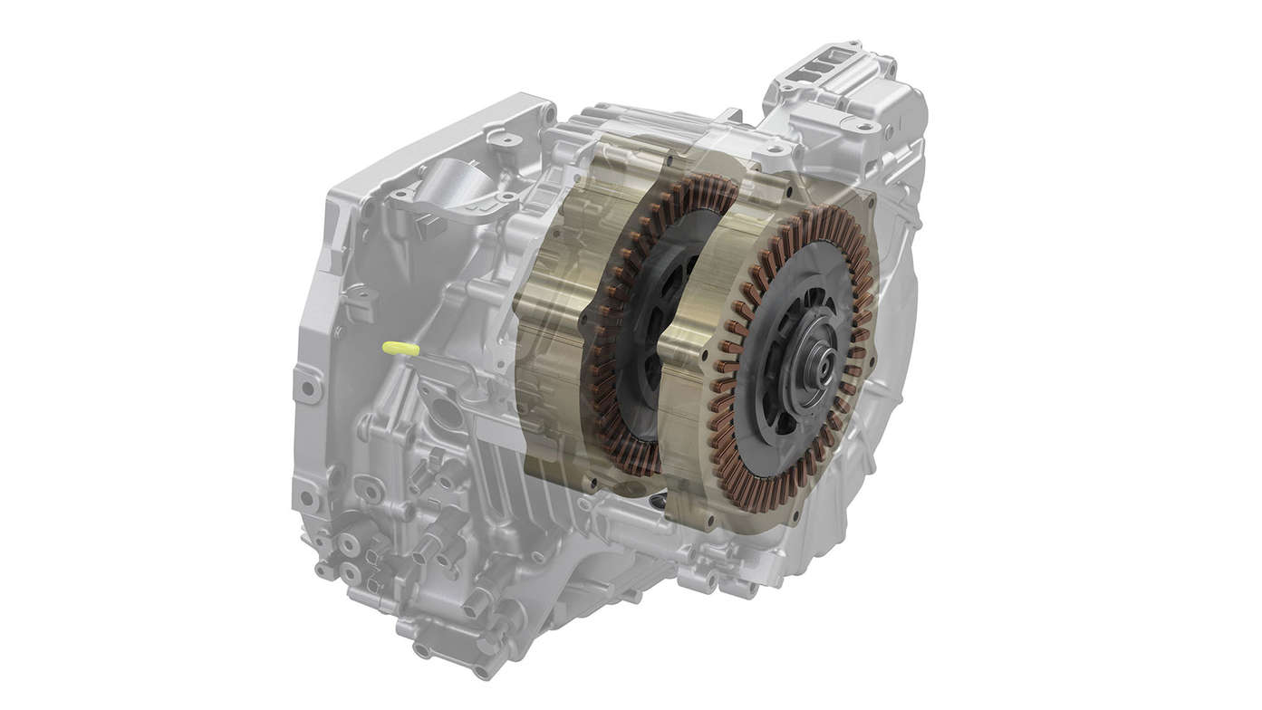Närbild på Hondas hybridgenerator- och drivmotorer. 
