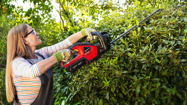 Kvinna som klipper buskar med Hondas batteridrivna häcksax i trädgårdsmiljö.