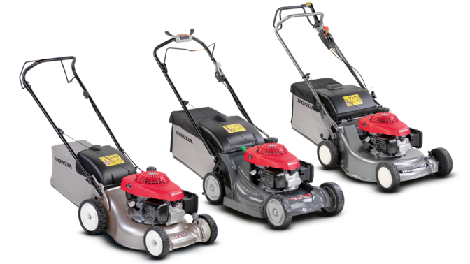 Left: right facing Miimo. Middle: front-threequarter, right facing lawnmower Right: front-threequarter, right facing ride-on mower.