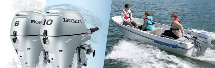 Vänster: 2x Honda Marine-motorer. Höger: Båt med Honda-motor, körd av modeller, kustmiljö.