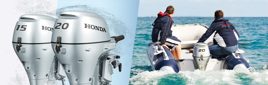 Vänster: 2x Honda Marine-motorer. Höger: Båt med Honda-motor, körd av modeller, kustmiljö.