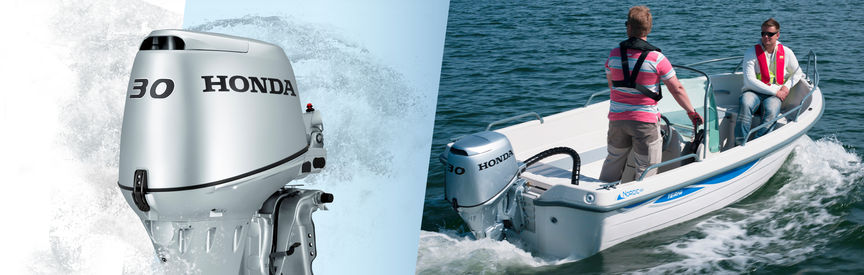 Vänster: motor från Honda Marine. Höger: Båt med Honda-motor, körd av modeller, kustmiljö.