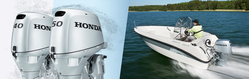 Vänster: 2x Honda Marine-motorer. Höger: Båt med Honda-motor, körd av modeller, insjömiljö.