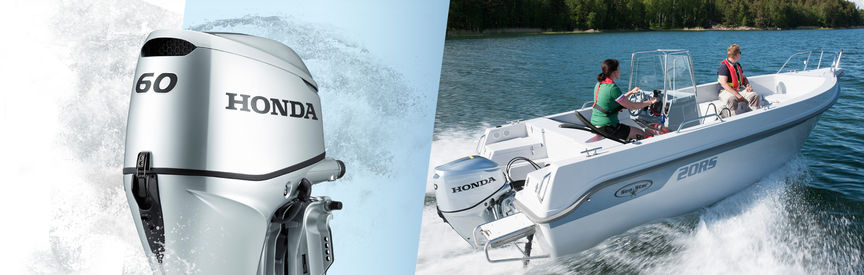 Vänster: motor från Honda Marine. Höger: Båt med Honda-motor, körd av modeller, kustmiljö.