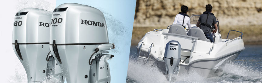 Vänster: 2x Honda Marine-motorer. Höger: Båt med Honda-motor, körd av modeller, kustmiljö.