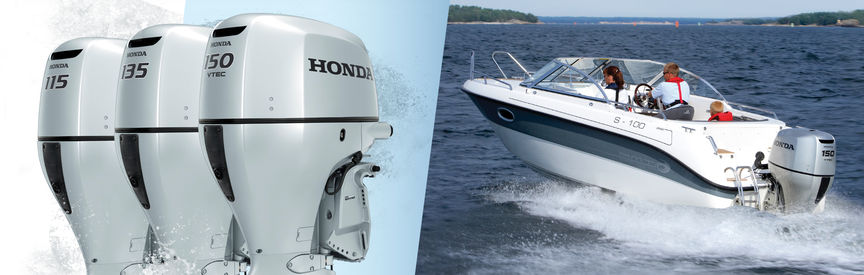 Vänster: 3x Honda Marine-motorer. Höger: Båt med Honda-motor, körd av modeller, kustmiljö.