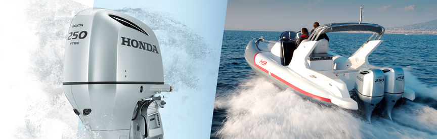 Vänster: motor från Honda Marine. Höger: Båt med Honda-motor, körd av modeller, kustmiljö.