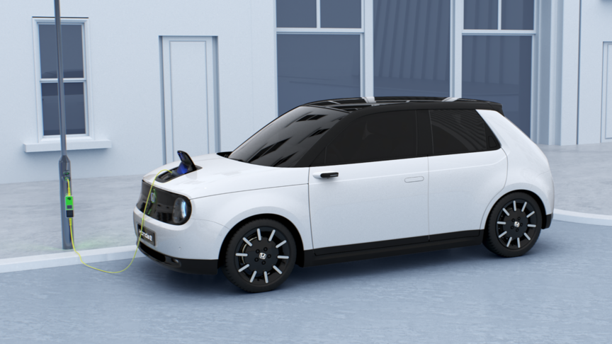 Vy fr&aring;n v&auml;nster av Honda e som laddas