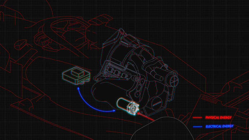 3D-ritning av en motorgeneratorenhet, kinetisk (MGU-K, Motor Generator Unit, Kinetic)