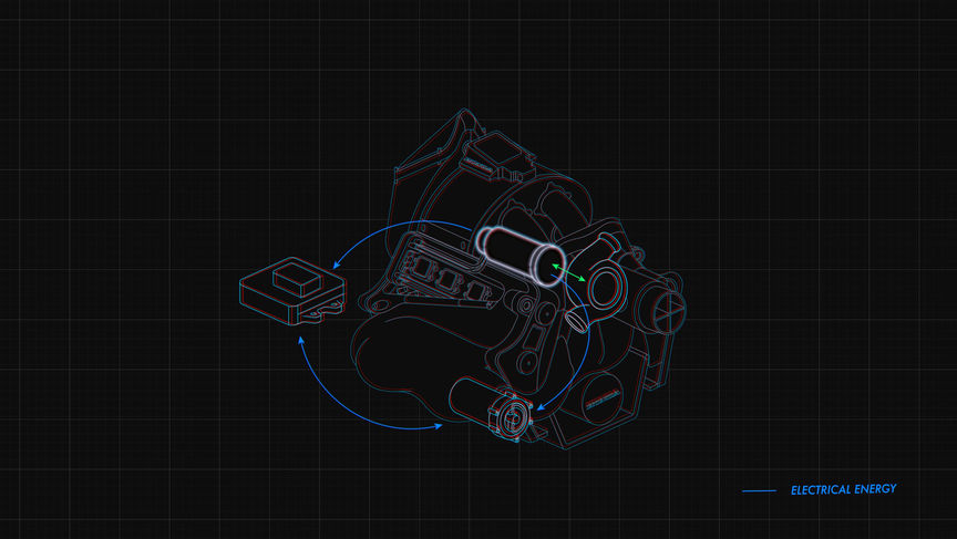 3D-ritning av en motorgeneratorenhet (MGU, Motor Generator Unit)