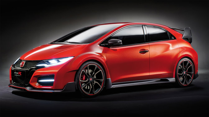 Trekvartsvy framifrån av Honda Civic Type R.