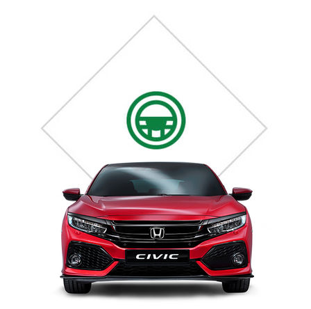 Honda Civic framifrån med bild på testkörning.