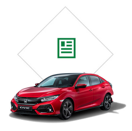 Trekvartsvy framifrån på Honda Civic med broschyrbild.