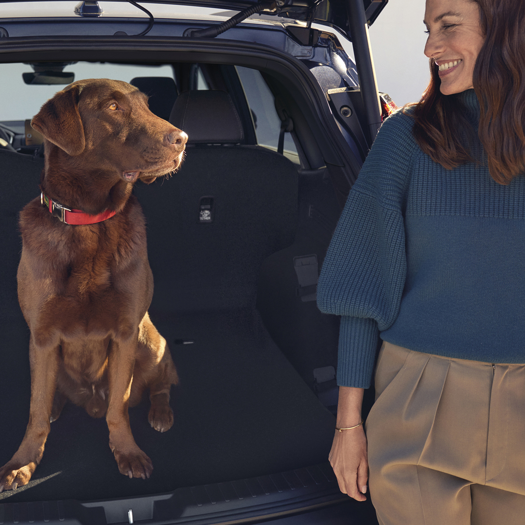 Bakåtvänd Honda CR-V Hybrid med hund och modell som sitter inne i bagageutrymmet.