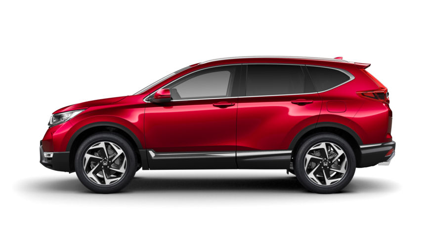 Vy från sidan av Honda CR-V i Premium Crystal Red Metallic.