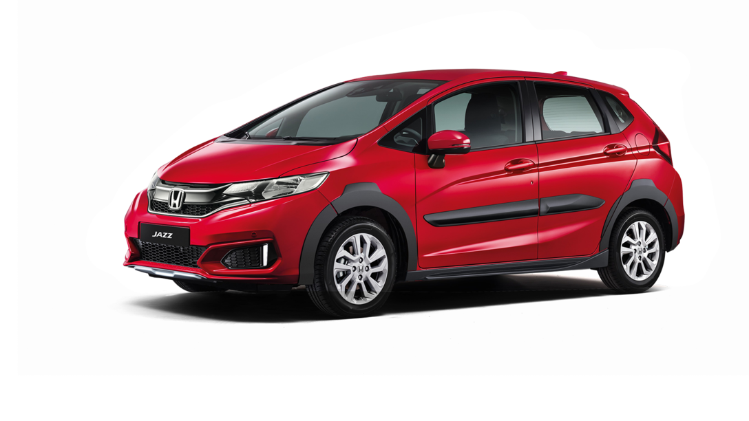 Honda Jazz X-Road trekvartsvy framifr&aring;n h&ouml;ger. Natursk&ouml;n bild.