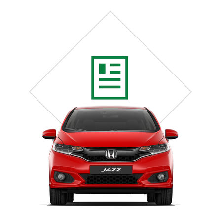 Vy framifrån på Honda Jazz med bild på broschyr.