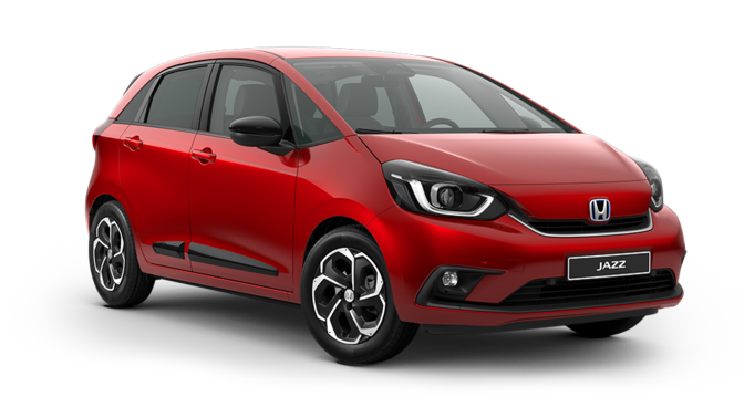 Trekvartsvy framifrån av Honda Jazz.