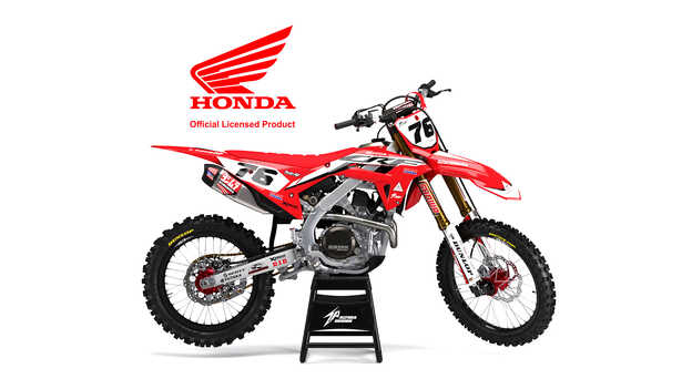 Vy från sidan av Honda-motorcyklar med Factory Racing-dekalsats.