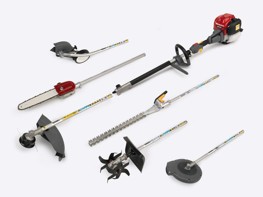 Honda Versatool, sju utsnittsbilder av Versatool-tillbeh&ouml;r.