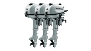 Trekvartsvy framifrån av BF4-, BF5- och BF6-motorerna.