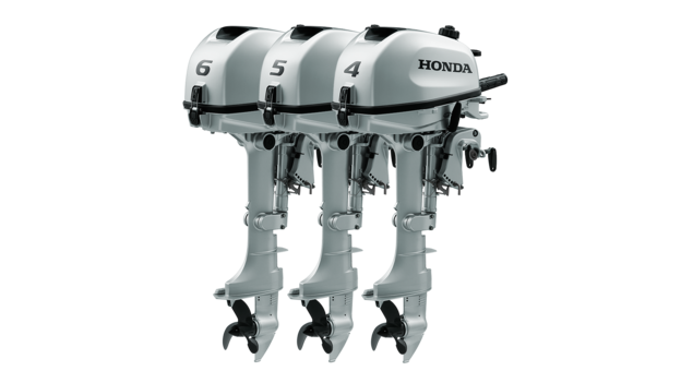 Trekvartsvy framifrån av BF4-, BF5- och BF6-motorerna.