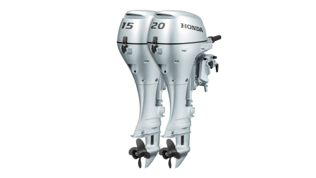 Trekvartsvy framifrån av BF15- och BF20-motorerna.