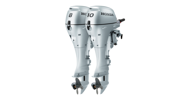Trekvartsvy framifrån av BF8- och BF10-motorerna.