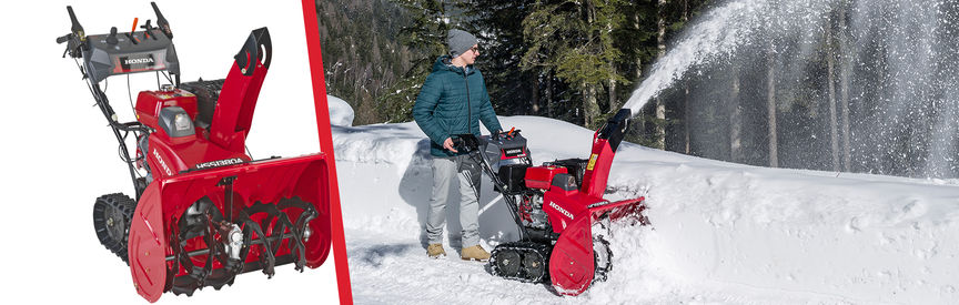 Vänster: snöslunga i 13-serien, trekvartsvy framifrån, från höger. Höger: snöslunga i 13-serien, körs av modell, i trädgård.