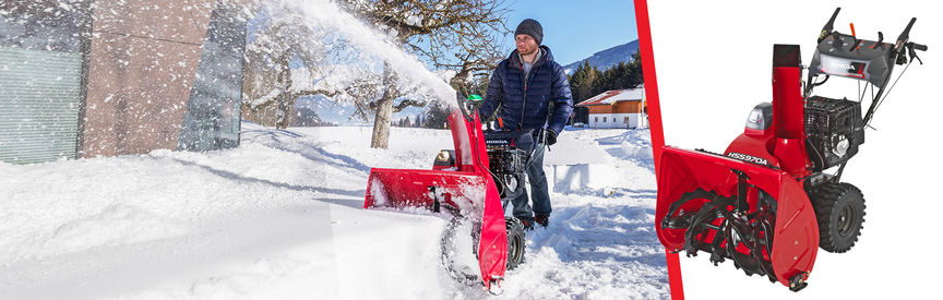 Vänster: snöslunga i 9-serien, körs av modell, i trädgård. Höger: snöslunga i 9-serien, trekvartsvy framifrån, från vänster.