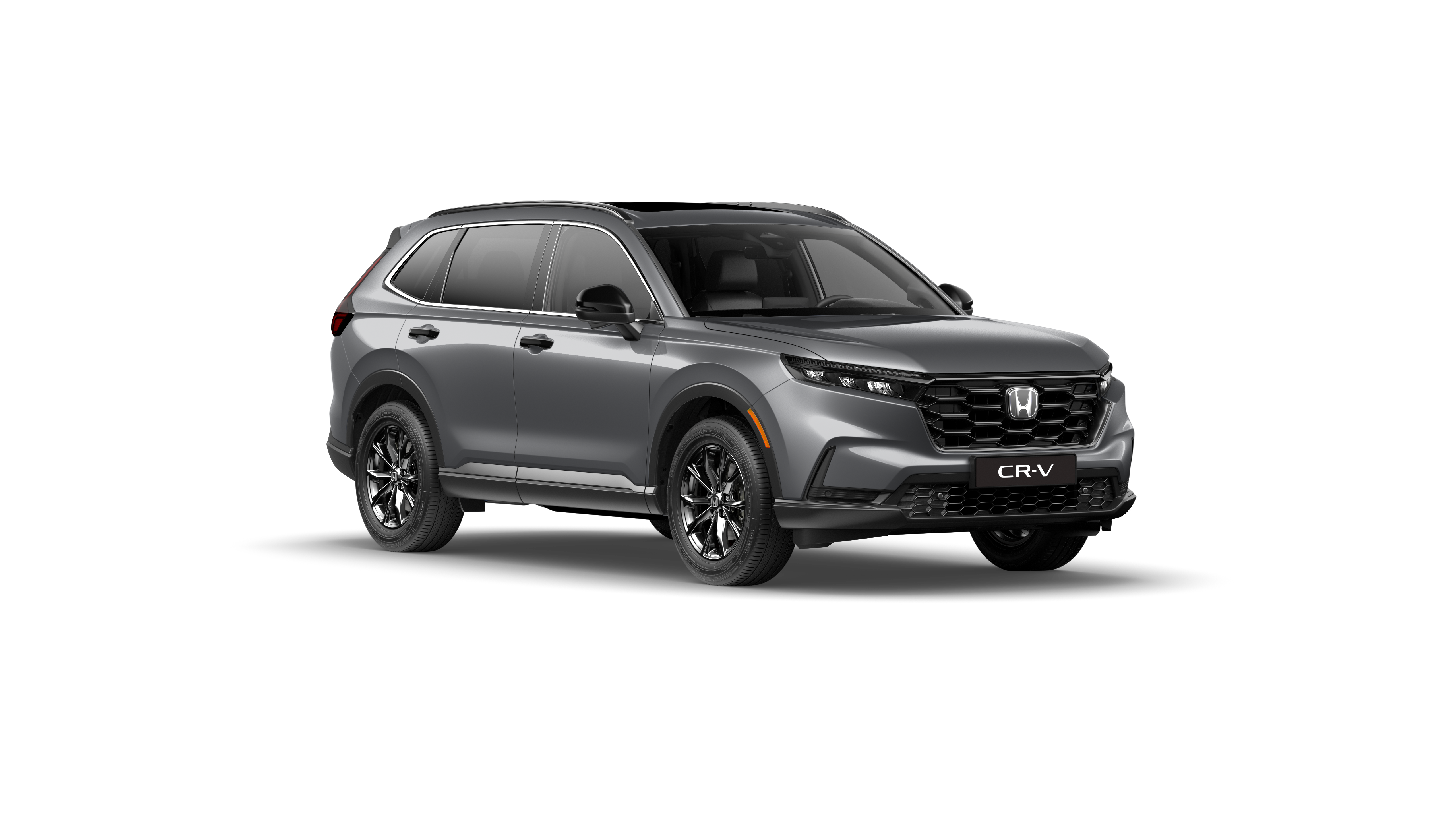 Tre kvartsvy framifrån av en grå Honda CR-V hybrid