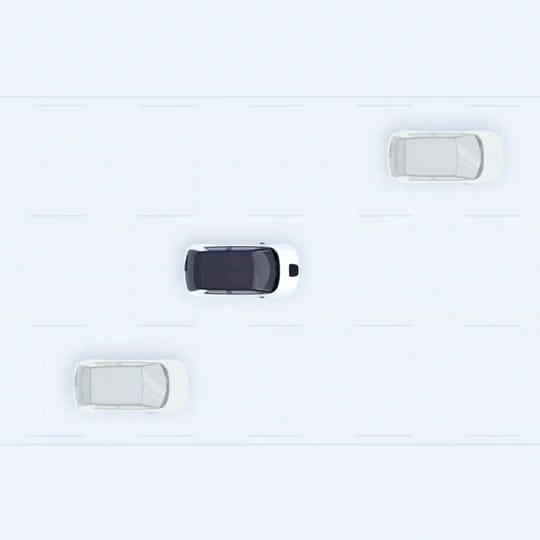 Vy uppifrån av Honda e som visar hur körfältsassistansen fungerar. 