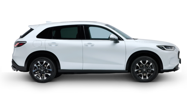 En vit ZR-V Hybrid vy från sidan